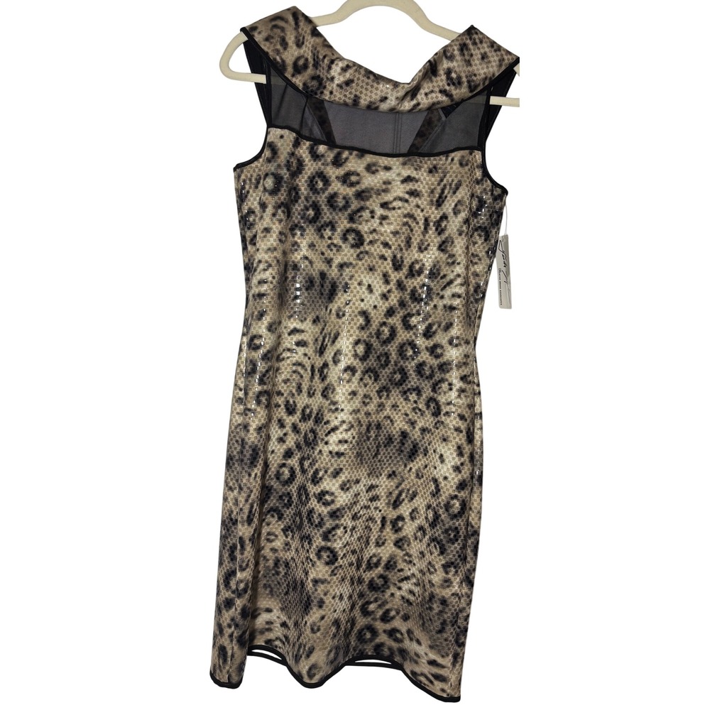 Linda Segal Sheath Dress Women Tan NWT Leopard Sequin Mesh V-Back Size 8